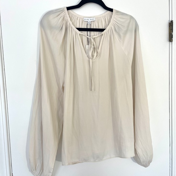NWT MIOU MUSE Ivory/Cream Tie Neck Long Sleeve Satin Peasant Blouse Size Small‎ - Picture 4 of 11